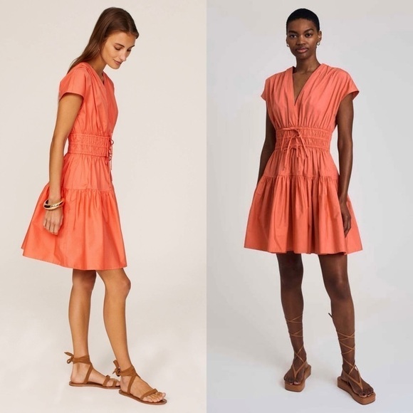 DEREK LAM Coral Cotton Smocked Ruched Tie Waist Short Sleeve Flare Mini Dress 12 - Picture 7 of 13